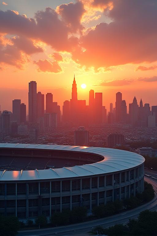An artistic shot of a stadium's architecture blending with a city skyline at sunset, symbolizing vision and vastness.