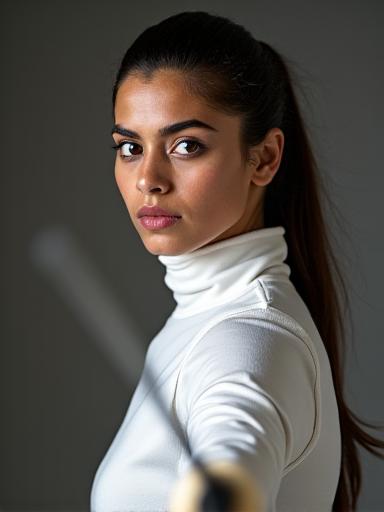 Portrait of Anya Sharma, a fencer, poised and focused with her foil.