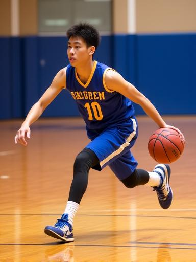 Portrait of Jaden Lim, a rising basketball star, mid-dribble on the court, demonstrating agility.