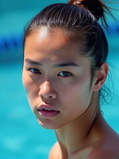Portrait of Kimberly Chiang, a competitive swimmer, her face showing determination and a hint of water droplets.