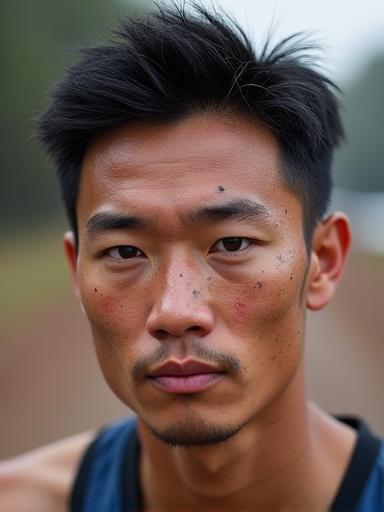Portrait of Leo Tan, a marathon runner, looking determined post-race with a slight sheen of effort.