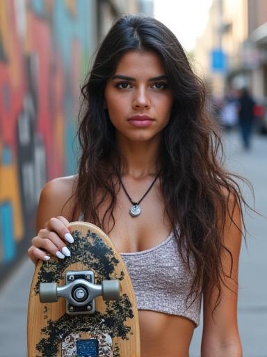 Portrait of Sofia Reyes, a skateboarder, with her board, radiating urban cool and confidence.