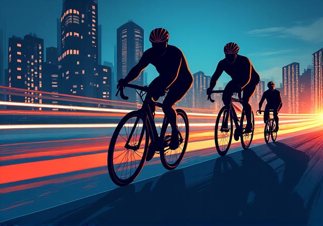 Promotional poster for the 'Urban Rush: Downtown Criterium' cycling event, featuring dynamic silhouettes of cyclists against a city backdrop.