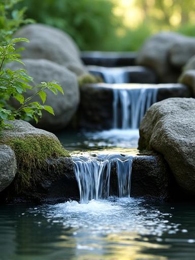 Air terjun bertangga yang halus mengalir ke kolam di sebuah taman peribadi.