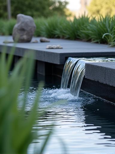 Ciri air moden dengan air terjun di sebuah taman minimalis.