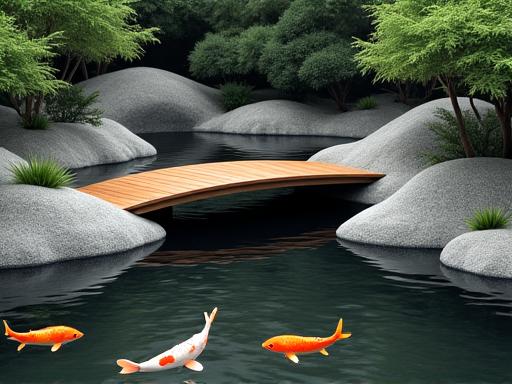 Kolam gaya Zen dengan ikan koi dan jambatan kayu kecil.