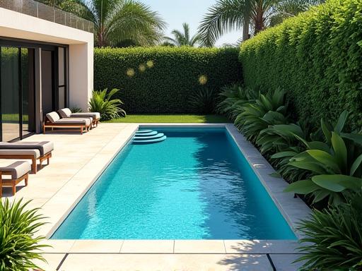Halaman belakang rumah banglo yang mewah dengan kolam renang dan taman tropika.