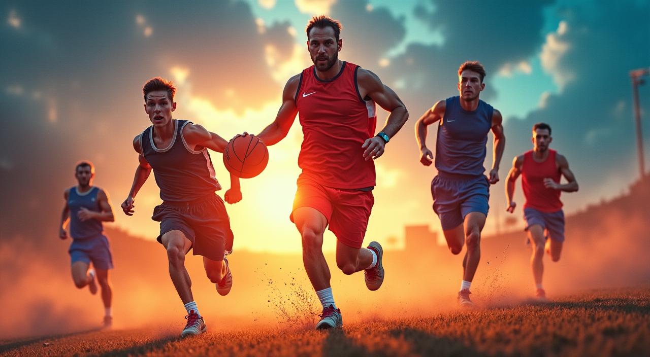 A dynamic montage of sports action including basketball, running, and motorsports. High energy imagery of athletes in action.