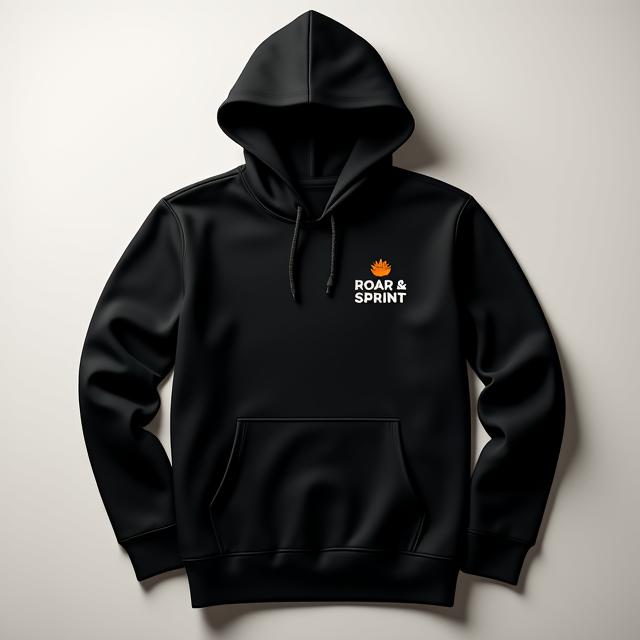A sleek black hoodie with a minimalist Roar & Sprint logo on the chest, signifying speed and style.