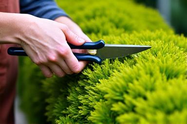 Seorang pekerja sedang memangkas pokok renek