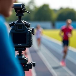 A camera operator getting a low-angle shot of a runner on a track, highlighting dynamic visual storytelling.