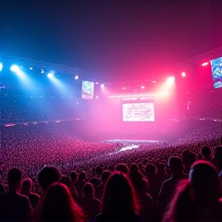 A large, excited crowd at a nighttime sporting event with vibrant lights, signifying expertly managed experiences.